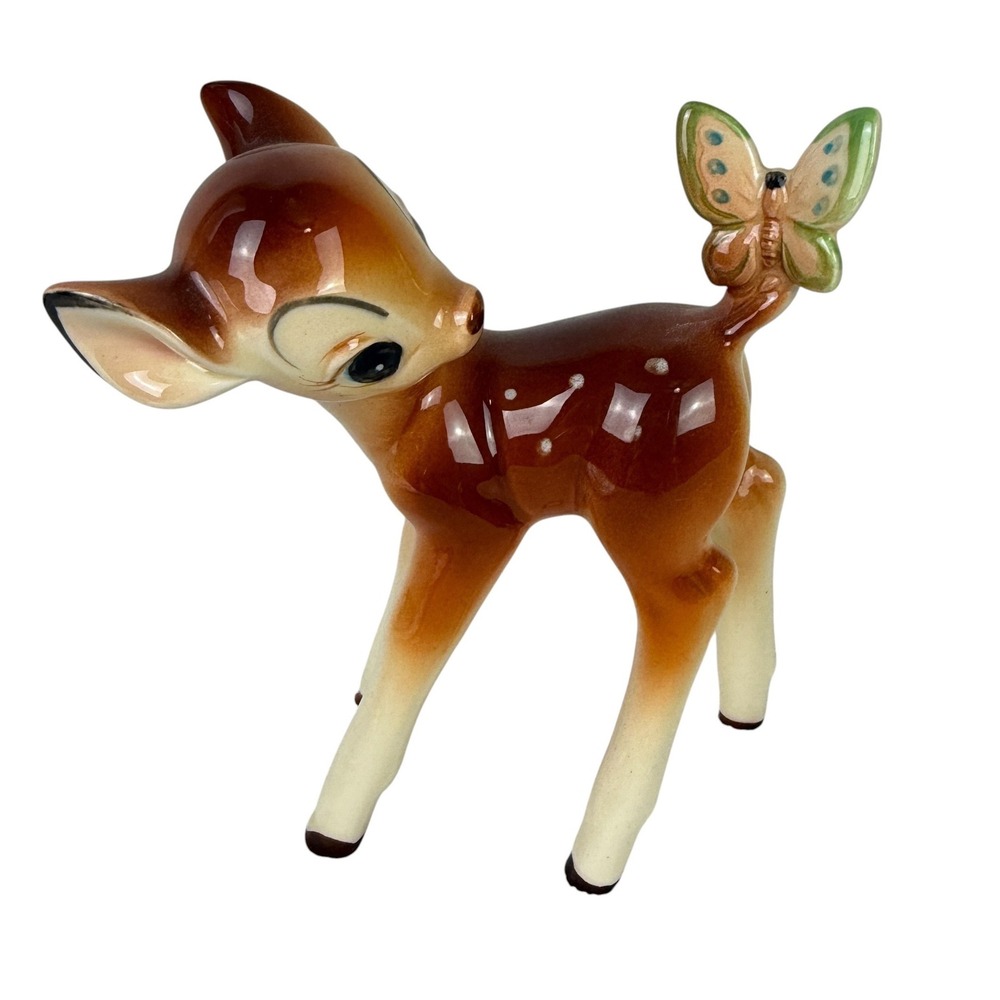 Vintage Disney Bambi Ceramic Figurine Butterfly on Tail Japan Mid Century 6 inch